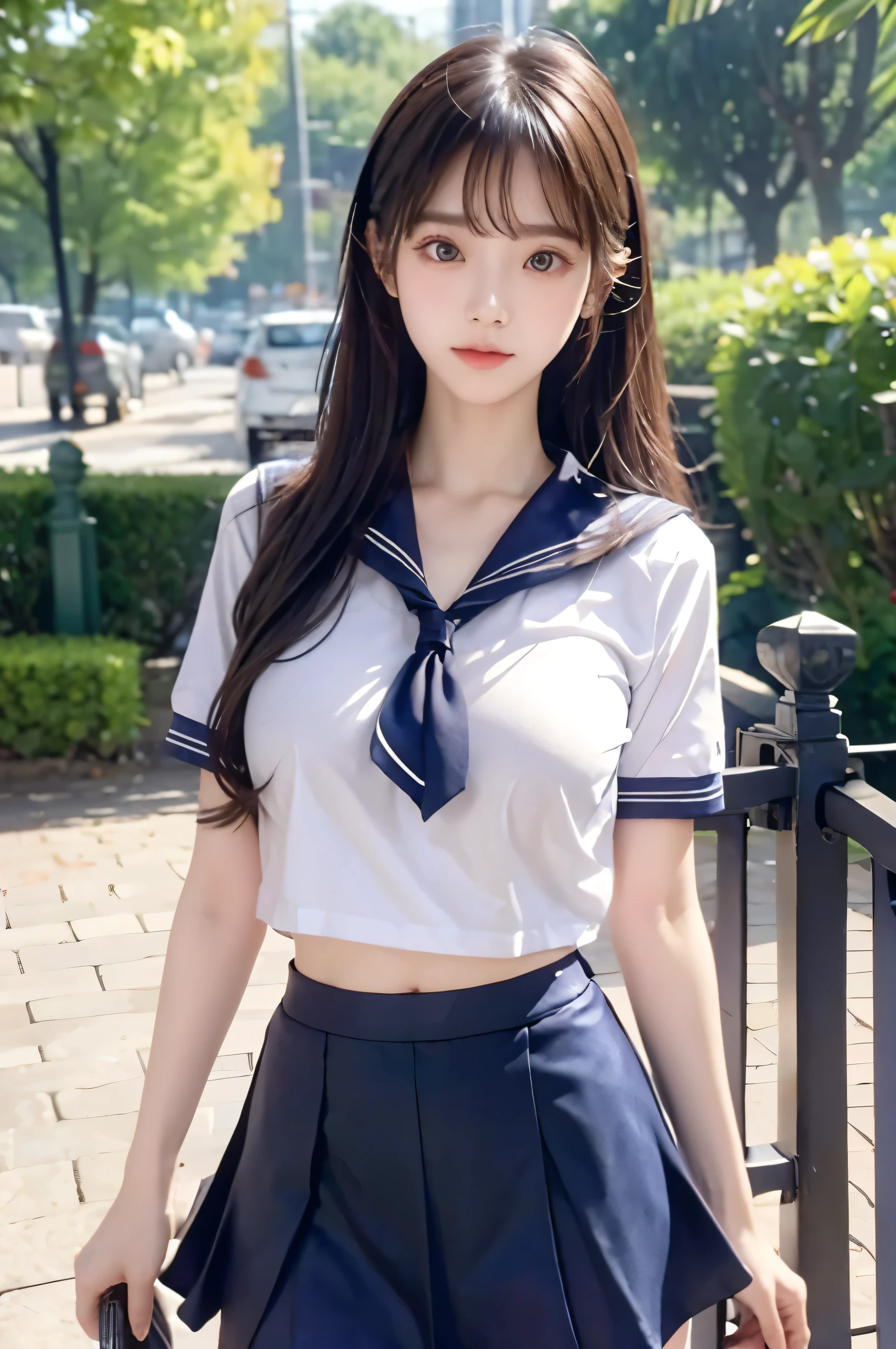 (Ultra HD), (Looking at me), (Short-sleeved sailor uniform, Navy blue mini skirt), Big Breasts, Super beautiful breasts, Slender, (Thin legs:1.2), (Thin thighs:1.2), (Thin Hips:1.4), (Beautiful Skin, Shiny skin, White skin), (Super slim face, Super beautiful face, No makeup, Smile:0.6), (Light Brown, Long Hair, Layered Cut, Fluffy hair), (Big eyes:1.3, High corners of the eyes:1.6, Double eyelids), (Thin eyebrows:0.1), (Small Nose:0.6), (Thin lips:0.6), Standing, In front of the school gate