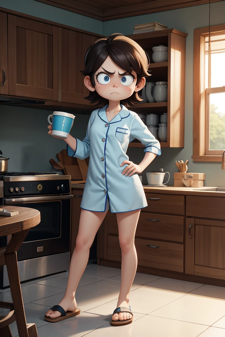 Leni Loud, with dark circles and tired eyes, angry tired face, pajamas, curves, cup of coffee in the kitchen, Sandals, full body
