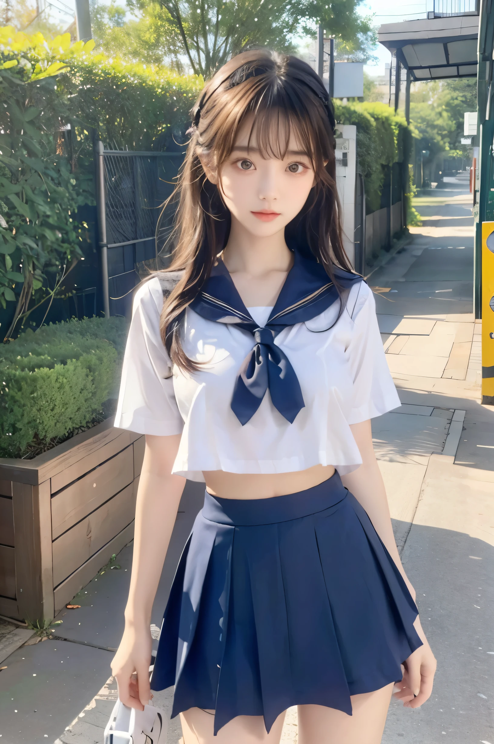 (Ultra HD), (Looking at me), (Short-sleeved sailor uniform, Navy blue mini skirt), Big Breasts, Super beautiful breasts, Slender, (Thin legs:1.2), (Thin thighs:1.2), (Thin Hips:1.4), (Beautiful Skin, Shiny skin, White skin), (Super slim face, Super beautiful face, No makeup, Smile:0.6), (Light Brown, Long Hair, Layered Cut, Fluffy hair), (Big eyes:1.3, High corners of the eyes:1.6, Double eyelids), (Thin eyebrows:0.1), (Small Nose:0.6), (Thin lips:0.6), Standing, In front of the school gate