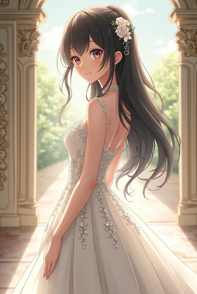 paiting style of a lovely lady, fully detailed, shoulder length black hair, brown eyes, small breast, white long dress, standing, flower garden,