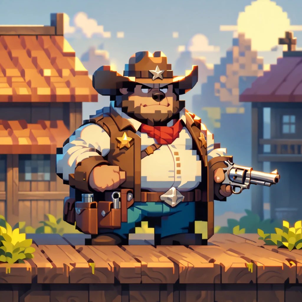 masterpiece, best quality, very aesthetic, absurdres, BREAK noise reduction, elaborate, BREAK pixel art, chibi, [face:full body:10], from above, sheriff, musclegut middle-aged western bear man, fluffy body, tail, brown eyes, beautiful beard, male face, big face, square jawline, male eyes, sharp eyes, big eyes, male eyebrows, innocent look, BREAK sheriff's hat, pistol, revolver holster, gun duel, dynamic pose, BREAK [simple background::12], evening sun, western village, outdoor, soft lighting,  