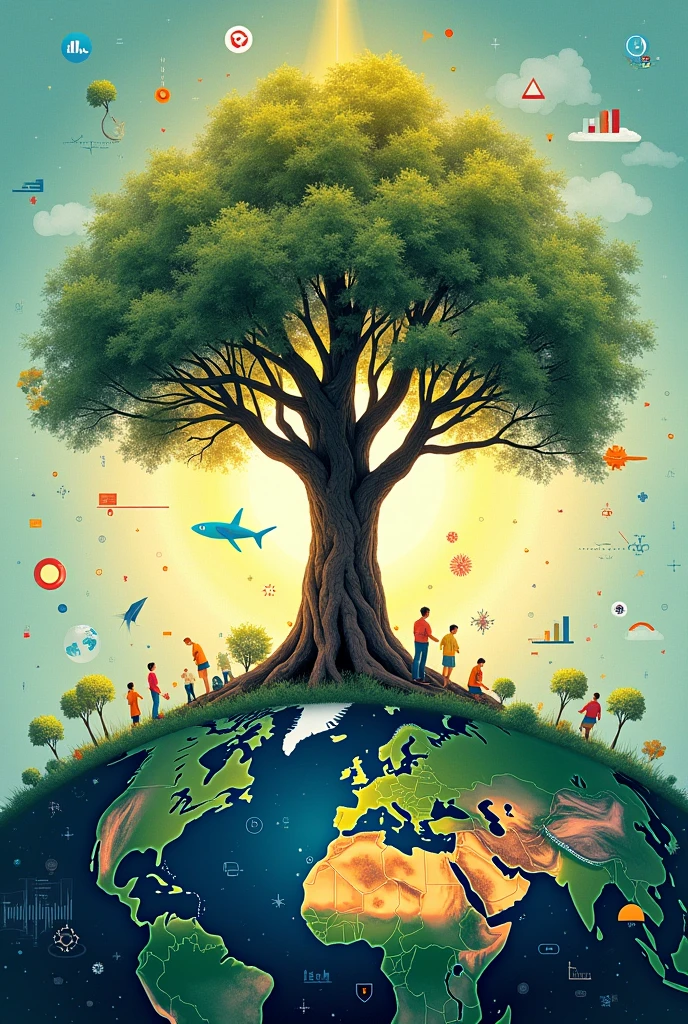 Poster about Integrated approach in science and technology for a sustainable future. Trees, globe, technology, science and innovations
