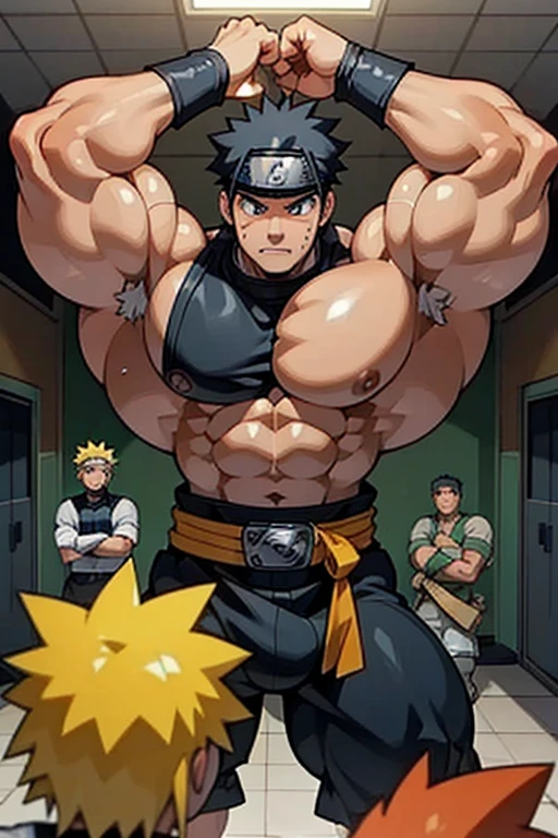 Naruto Uzumaki and his clones stand in a locker room being brainwashed by Sasuke's Sharingan to be big dumb muscle thralls with slumped shoulders and slack jaws saying, "Bigger ... dumber.... I am big. I am dumb. I am a big, dumb brute.... Must ... obey ... Uchihah Clan.... Yes, Master Sasuke, ... I am too stupid to lead. I am your dumb muscle thrall. I obey.... Stare. Sink. Dumb. Obey. Flex. Serve. Grow. Obey. I obey.... We obey.... Obey Master Uchihah.... All will serve. All will obey.... Muscles good.... Thinking bad.... Assimilate. Spread. Convert. Obey...." Hyper muscles. Big biceps. Big triceps. Big traps. Broad shoulders. Big meaty pecs. Big deltoids. giant hyper swollen crotch bulge. Bro. Meathead. Musclehead. Dumber and dumber. IQ drain. Brainwash. Brainwashed. Brainwashing. Hypnosis. Hypnotized. Trance. Entranced. Brute. Brutification. Hairy chest. Hairy armpits. Treasure trail. Stubble. Muscle. Obedient thrall. stupid. vapid. Stupid stare. vapid stare. Dullard. Dimwit. Dimwitted. Entranced. Bro. Hung. Well endowed. Lug. Mindless. Brainless.