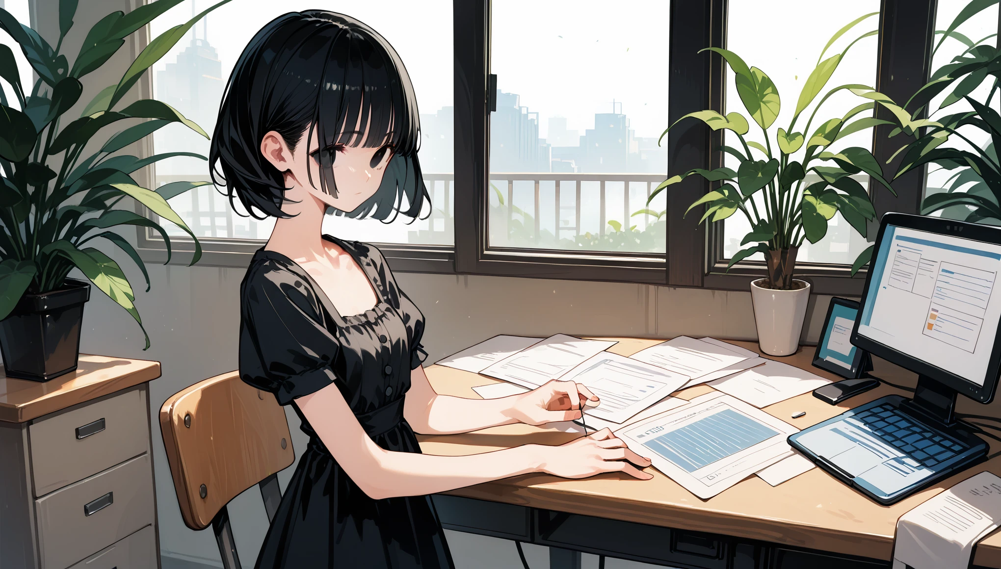 score_9, score_8_up, score_7_up, rating_safe, score_anime, masterpiece, best quality, delicate illustration, sharp line, sharp focus,
break
black hair, medium hair, straight hair, blunt bangs, black eyes, slender body, flat cheasts,
break
(black costume, sundress),
break
office room, white desk,