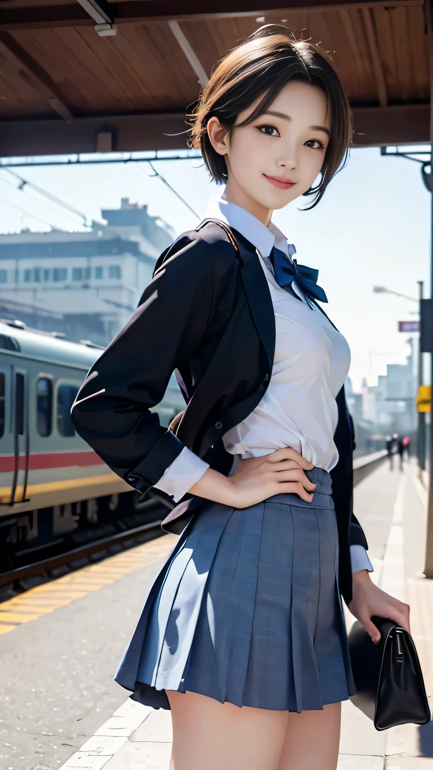 Masterpiece、Highest quality、An illustration、Super detailed、High resolution with great detail、8k wallpaper、Perfect dynamic composition、１６age、Female student、cute、Super Short Hair、((Small breasts))、Beautiful detailed eyes、School uniforms、Natural color lip、Random sexy poses、smile、waiting for the train on the station platform、