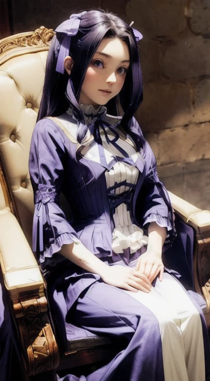 (very detailed), sharp focus, big breasts, close up of face, dress, 2 collections, purple ribbons, by the purple, blue eyes, sitting on a throne