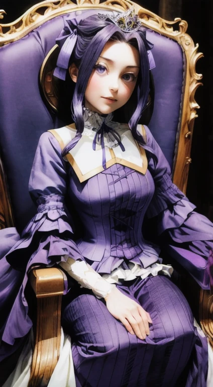 (very detailed), sharp focus, big breasts, close up of face, dress, 2 collections, purple ribbons, by the purple, blue eyes, sitting on a throne