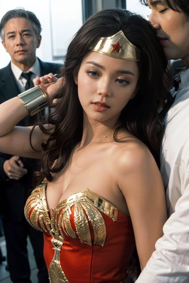 男性がWonder Womanを抱く,男性がWonder Womanを捕まえる､男性とWonder Woman、Wonder Womanと悪人、Wonder Womanと男性、完璧なWonder Womanの衣装,Being pushed down by a man,Hug from the front,I was embraced,A man licks my face with his tongue,A man licks my head with his tongue,A man licks my hair with his tongue,My body is licked by a man,sleeping face, Close your eyes,Open your mouth,Anguished expression,Out of breath face､Grimacing,Crying face,Tired face,Face of Suffering,Fighting with men,Restrained by man fighting man,Surrounded by men,Caught between two men,Bitten by a man,Captured by a man, Being attacked by a man,Brown Hair,  masterpiece、beautiful girl、Best Quality, 超High resolution, (reality: 1.4), Cinema Lighting,so beautiful、Beautiful Skin、(超reality的な)、(High resolution)、(8k)、(Very detailed)、(Very detailed)、 Detailed face、Brown Hair、20 years old、Wonder Womanのコスプレ，Wonder Woman