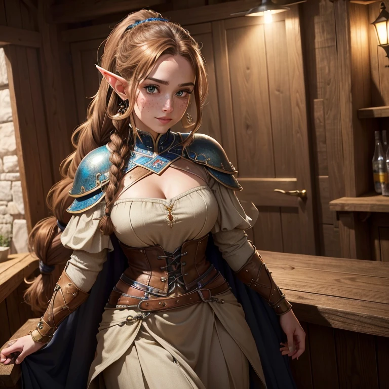 (masterpiece:1.4),(best quality:1.4),(absurdres:1.4),pin-up,Elinalise_aiwaifu,blonde hair,long hair,pointy ears,drill hair,red eyes,elf,very long hair,bangs,hair between eyes,large breasts,hair intakes,collarbone,lips,twin drills,necklace,choker,collar,bare shoulders,detached sleeves,navel,midriff,thighhighs,shorts,belt,skirt,elbow gloves,jewelry,long sleeves,shirt,short shorts,sleeveless,white skirt,ascot,frilled skirt,dress,frills,(absurdres, highres, incredibly_absurdres:1.4),scenery,masterpiece, high saturation