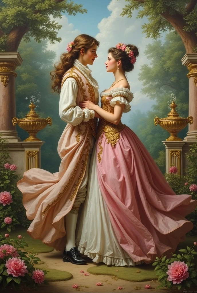 Drawing of couple in fairy dress hugging each other, Vladimir Borovikovsky, by Alexander Kucharsky, romantic era painting, Mucha and Artem Demla, Albert Cotin, Mucha Style 4K, Delphine Enjolas, romanticism art style, hildebrandt, Andrey Ryabshkin, Vladimir Novak、Fantasia、Roseti