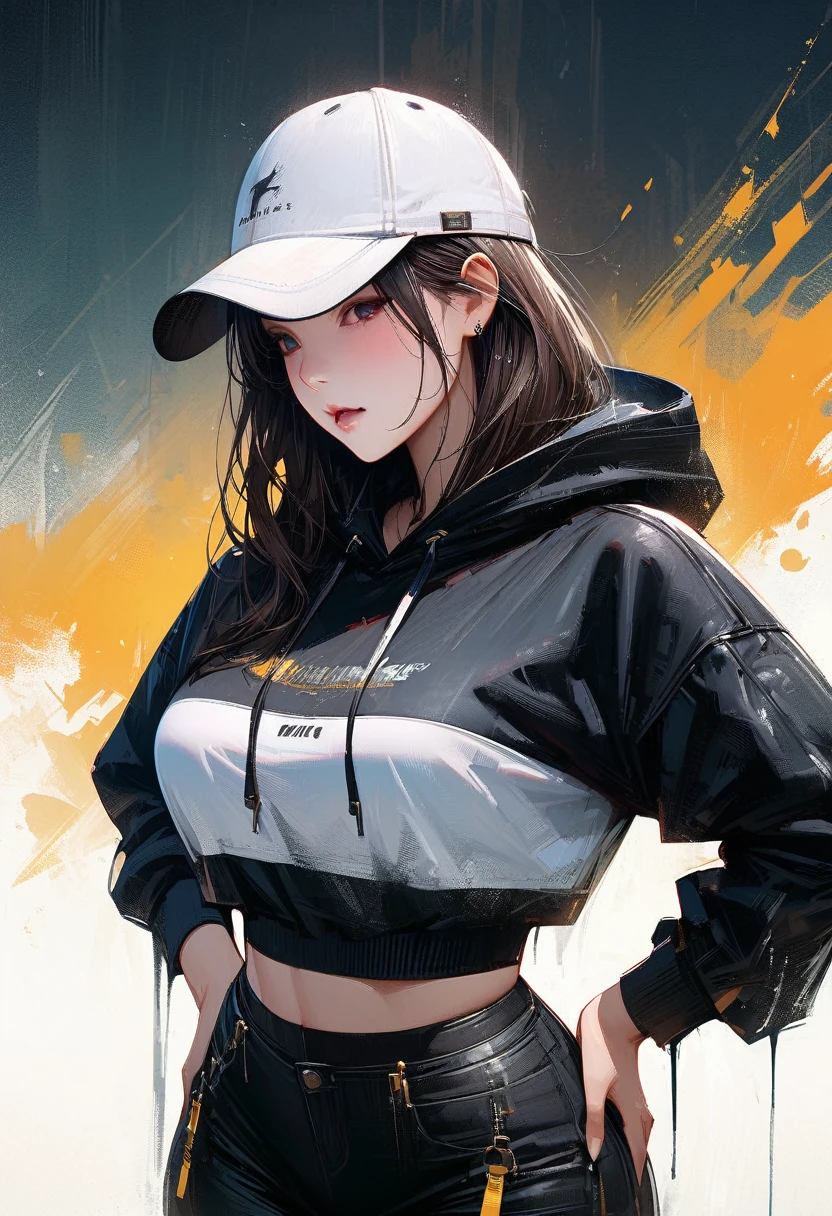 (masterpiece, See the details、Realistic texture with precise expression、Best Quality, Balayage highlighting:1.2), 1 girl, Alone、Gal、Splash、Sulky face、Cool vibe、(White crop top hoodie、Black leggings,whole body、(Big Breasts)、Sturdy body、Gold Anklet、Standing with a cap on)
