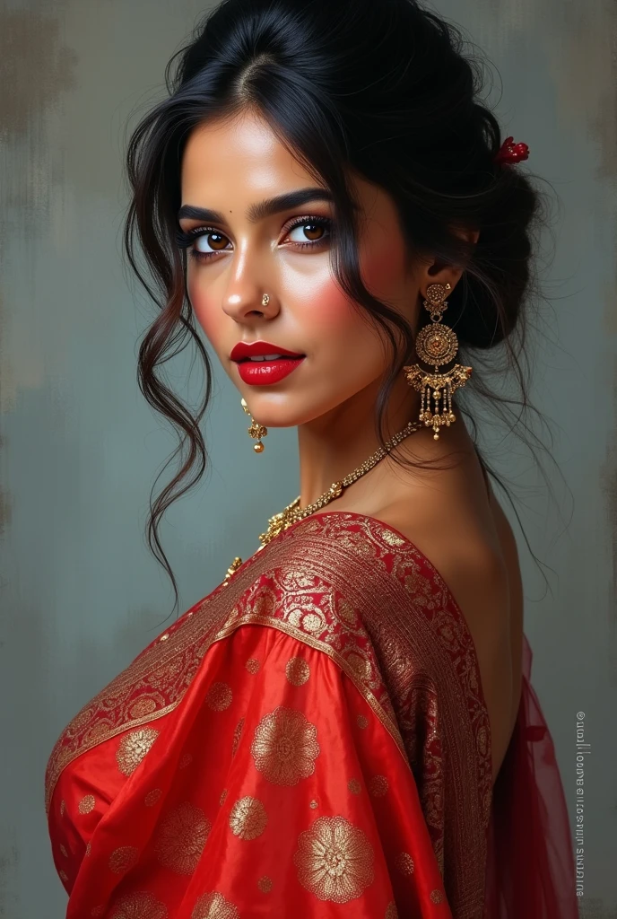 perfect pink eyes, fantastic face, Indian, beautiful look, ((red lips, bright eyes, curve heir 1.5)), ((beautiful details very big )), (Straight round and ultra huge clevage, not sagging ), A glorious gorgeous, glorious gorgeous face, pretty face, bright eyes, detailed elegant printed red saree, updo elegant hair, blurred gray tones background, ultra focus, face ilumined, face detailed, 8k resolution, painted, dry brush, brush strokes, razumov style and garmash style, by Tokaito, ((Full Open )), full body, open thin belly,