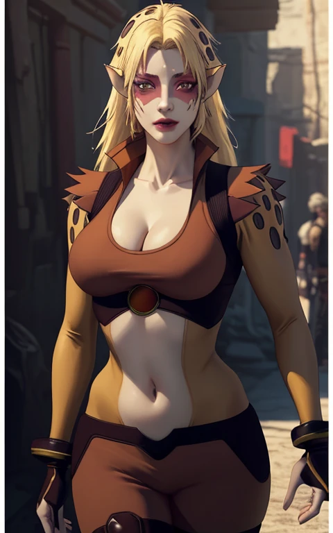 A girl in a thundercats inspired outfit, beautiful detailed eyes, beautiful detailed lips, extremely detailed eyes and face, long eyelashes, long blonde hair, colored skin, multicolored skin, two-tone skin, pointy ears, large breasts, cleavage, red eyes, blushing, bangs, eyeshadow, slit pupils, face paint, jewelry, leopard print, jacket with collar, orange bodysuit, belly, crop top, gloves, bracelet, open clothing, fingerless gloves, sleeveless, thigh-high socks, ankle cuffs, enclosed area with glades, dungeon setting, looking at viewer, chained, chains on hands, solo shot, cowgirl pose, (best quality, 8k, high-res, masterpiece:1.2), ultra detailed (realistic, photorealistic, photorealistic:1.37), HDR, studio lighting, ultra fine painting, sharp focus, physically based rendering, extreme detail depiction, professional, vivid colors, bokeh, fantasy, art digital, chromatic aberration, light particles, depth of field, blooming