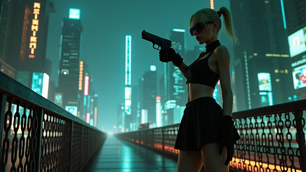 At night, aerial view of futuristic sci-fi cyberpunk city with plenty neon lights, skyscrapers, flying cars, vortex glowing hologram ((giant clock tower)) as time machine, high quality. (1girl, solo), photo realistic, large-breast:1.2 slim body, cleavage:1.3, tube top, short miniskirt, (black sunglasses), aiming at viewer with a (mini rifle):0.3, dynamic pose, half-body thigh level medium shot, cinematic lighting.
