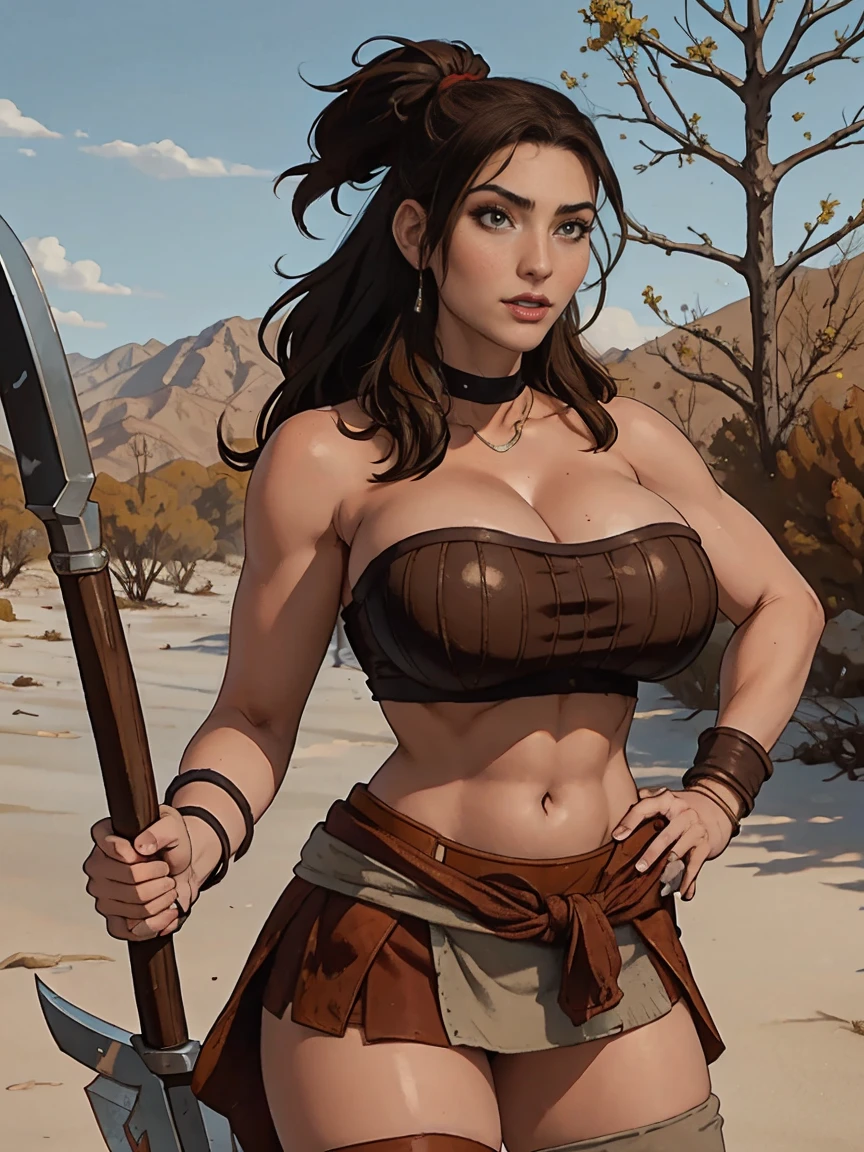 Tall, toned, buff, busty brunette barbarian babe wearing a brown leather and fur strapless tube top, loincloth, skirts, war axes. Topknot. Outdoors, desert, forest, sunshine.