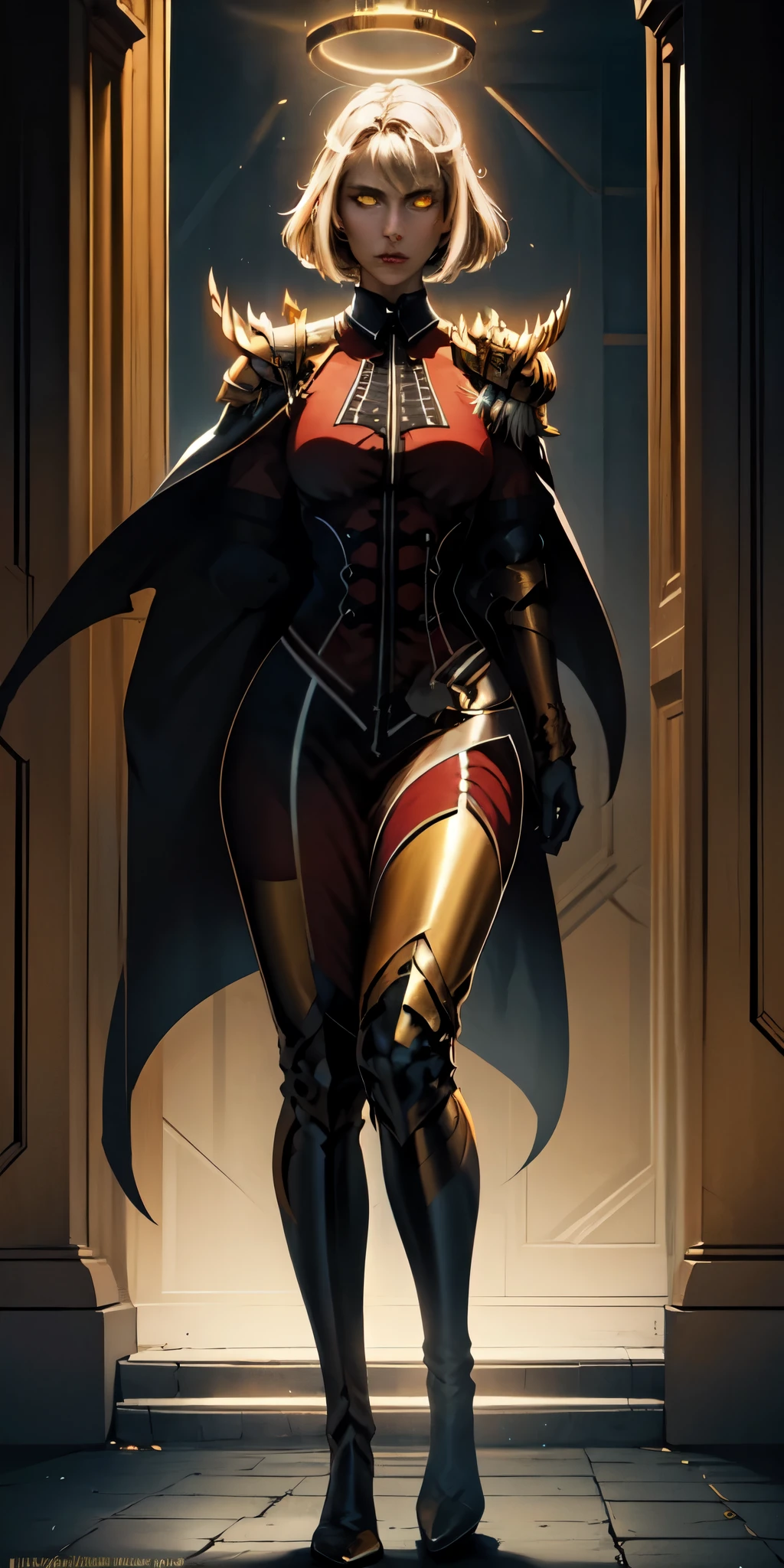 full body of paladin lady in ornate golden armor, black collar, pauldrons, breastplate, corset, glowing halo, WHITE SHORT BOB HAIR, yellow glowing eyes, bright pupils, eye focus, red cape
