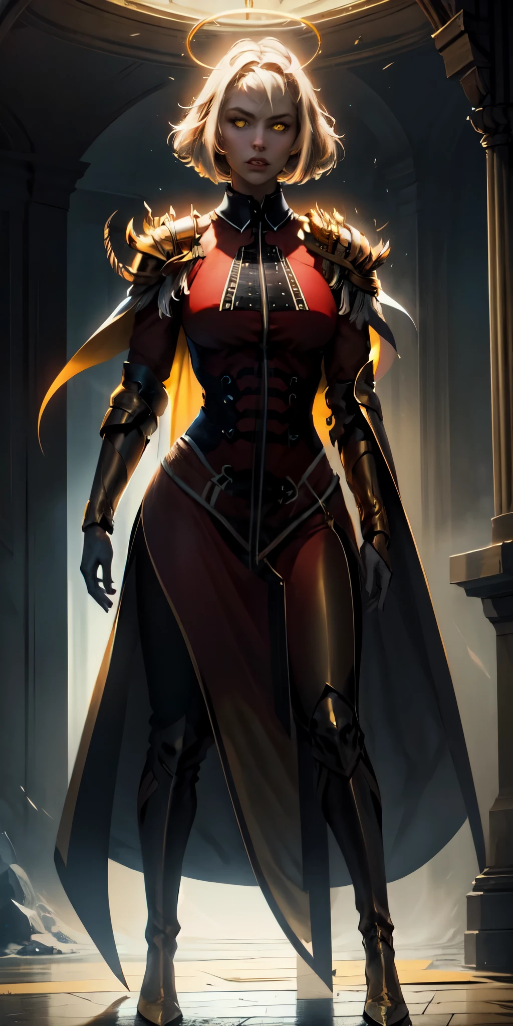 full body of paladin lady in ornate golden armor, black collar, pauldrons, breastplate, corset, glowing halo, WHITE SHORT BOB HAIR, yellow glowing eyes, bright pupils, eye focus, red cape