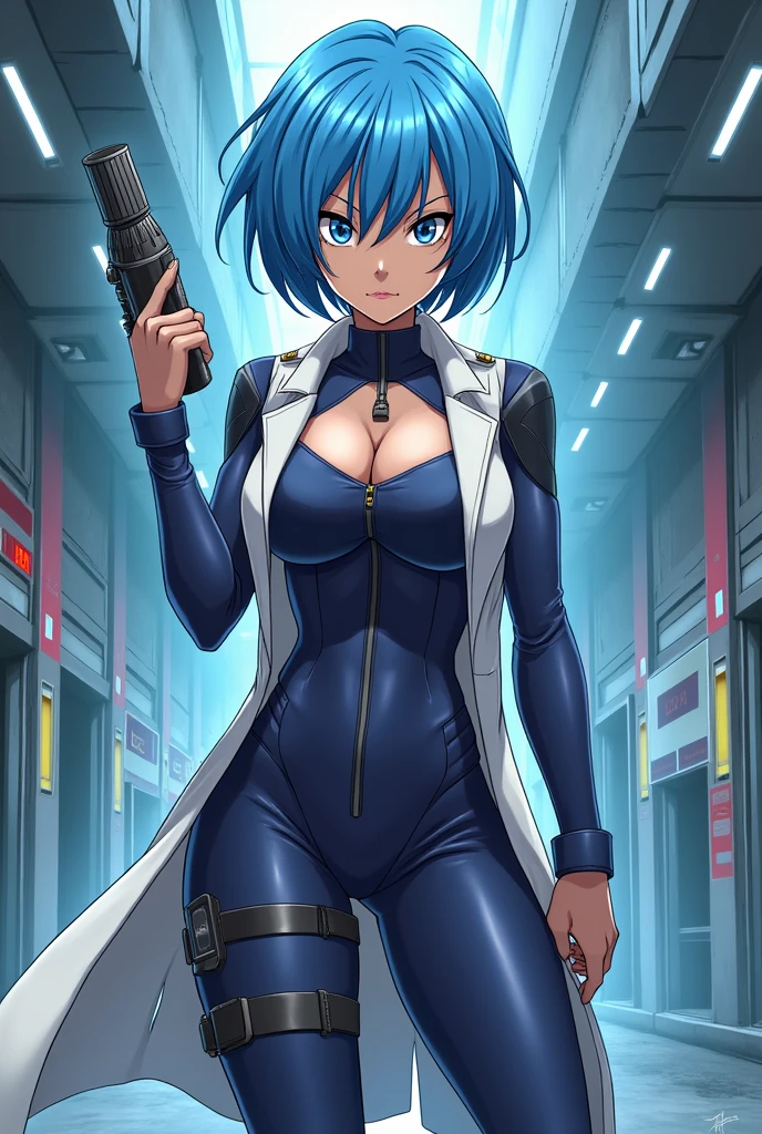 ultra-detailed, Explicit, Beautiful body, Beautiful Nose, Beautiful character design, perfect eyes, perfect face, ultra highres, 4K, beautiful legs, perfect legs, Nice hands, Perfect hand, Masterpiece, Best Quality, Highly detailed, illustration, absurdres, perfect anatomy, expressionless, blank eyes, emotionless, corruption, mind control, female combatant, full body, hypnotized, unhappy trance, full body suit, both arms at side, obey, perfect female body, looking at viewer, hypnosis, hypnoLora, empty eyes, Mind control device, Slave, Fighting Stance, Zofabodysuit, belt, black elbow gloves, black boots, zofa bodysuit, zofa belt, dark persona, (((pixel-perfect, detail-perfect))), solo, 1girl, hair ornament, medium breast, ciel_(tsukihime), blue hair, blue eyes, short hair, (((standing up, standing)))