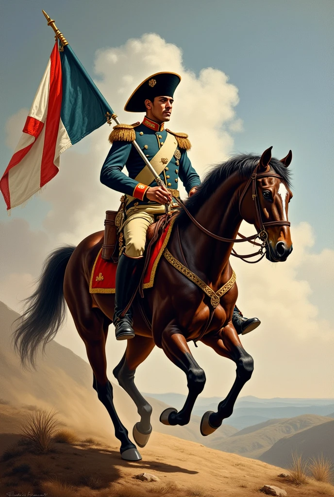 General Francisco Ramírez on horseback with a banner with a light blue ...