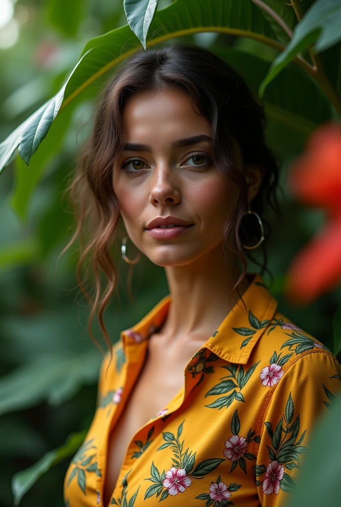 A Brazilian woman in a lush tropical garden, wearing an open shirt with a floral print, with a close-up capturing the harmonious beauty between her breasts and the natural flowers, showing off your natural charm and outgoing personality.