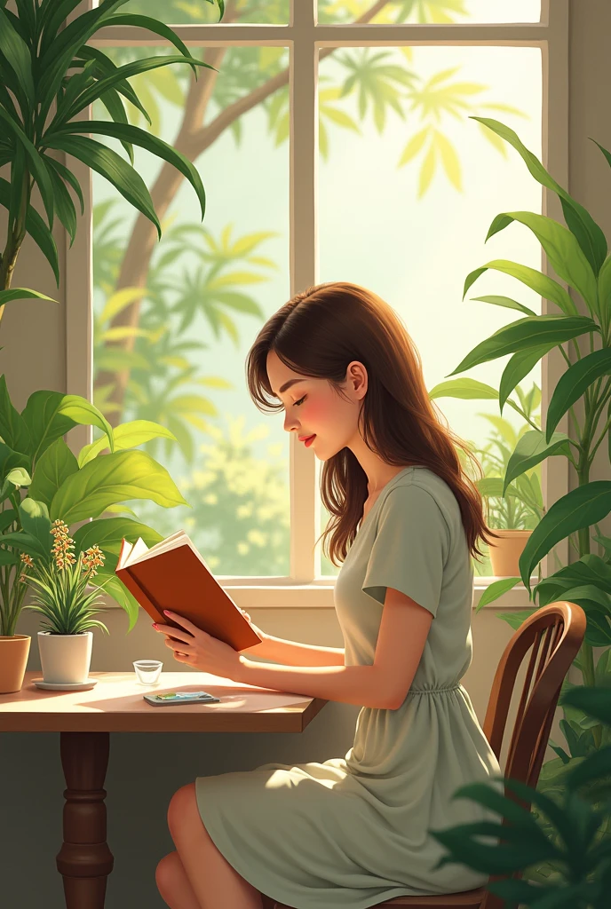 a watercolor painting of a woman sitting in a chair reading a book and drinking coffee, arte conceitual relaxante, fundo aconchegante da casa, sentado no jardim, summer afternoon, Papel de parede aconchegante, sentado com flores, pintura realista da menina bonito, in a comfortable chair, sentada em seu quarto, Hangout da tarde, fanart detalhado, fanart oficial, lugar aconchegante, Estilo de desenho bonito, cozy cafe background, dreamy illustration