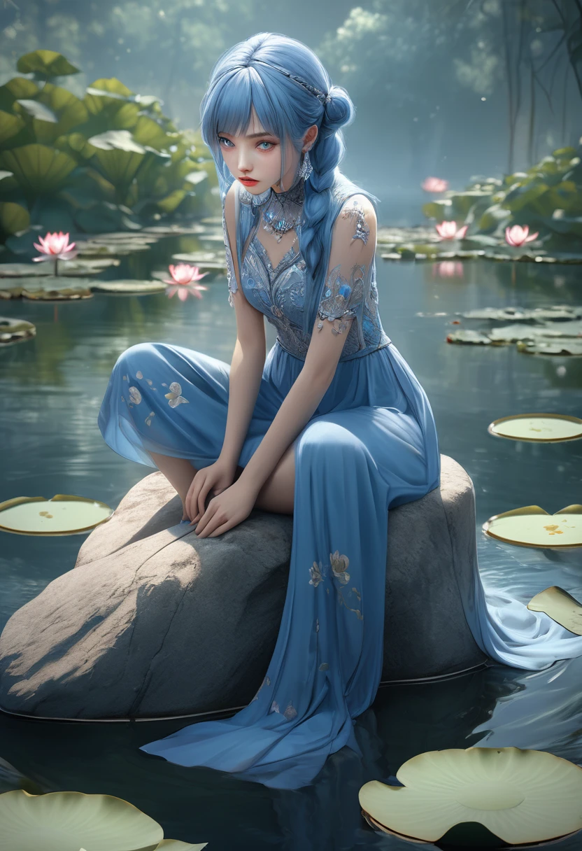 Create an anime-style realistic render of a stunning woman with an outstanding figure, sitting on a lotus, dressed in a beautiful miniskirt with exposed shoulders, a transparent body adorned with fresh flowers and jewelry, with a vitreous luster, high gloss, and a clean backdrop in pink and cyan colors, featuring blue hues.