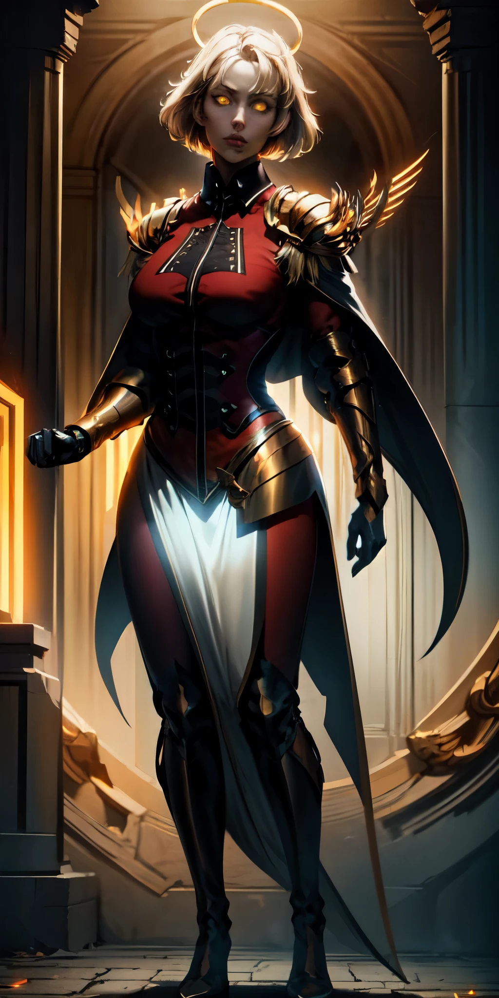 full body of paladin lady in ornate golden armor, black collar, pauldrons, breastplate, corset, glowing halo, WHITE SHORT BOB HAIR, yellow glowing eyes, bright pupils, eye focus, red cape