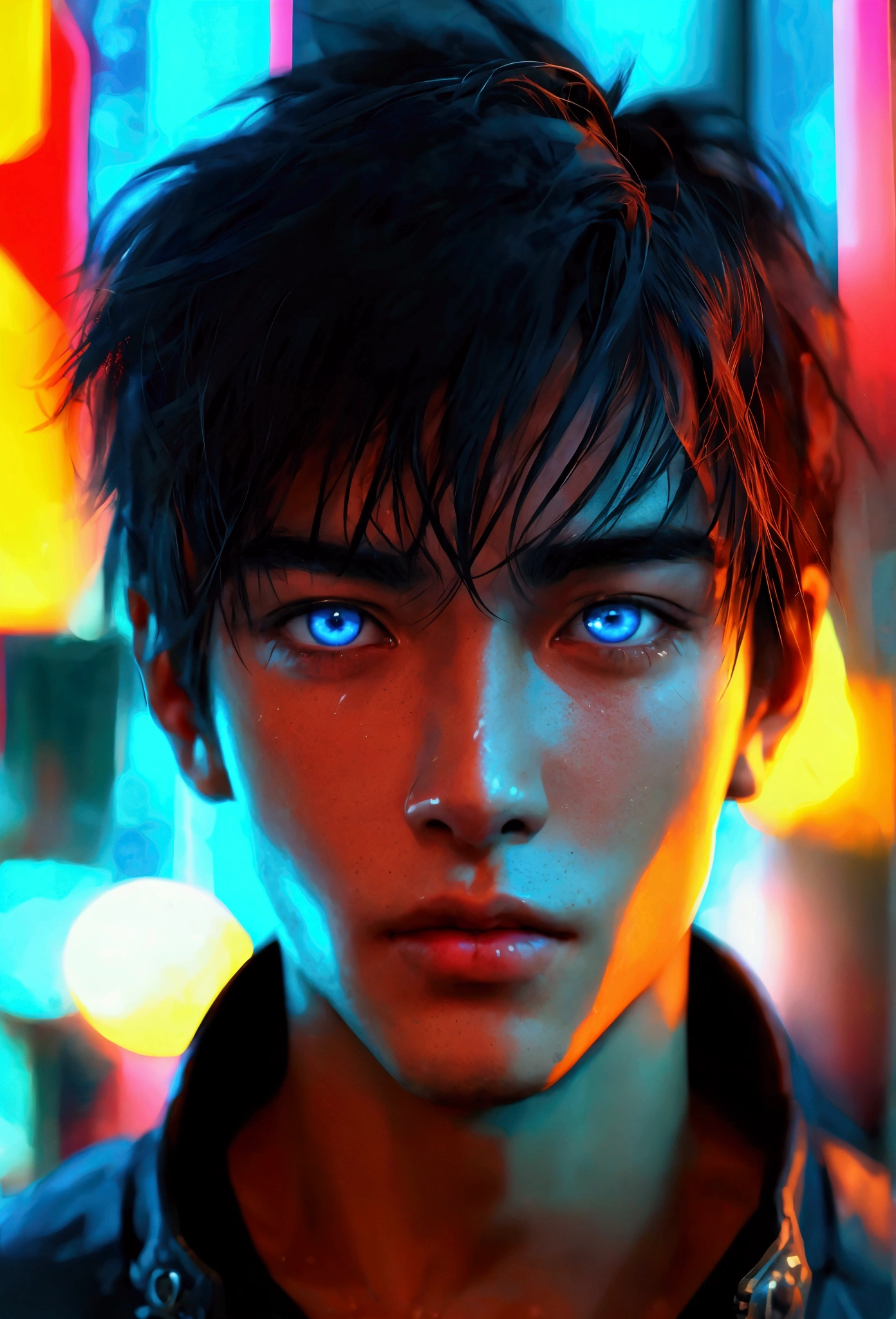 Close-up of a man&#39;s eyes、Sharp Eyes、blue eyes、Young Japanese man、close up of one eye、Dark Room、Cyberpunk、Photorealistic、3d、Male, around 30 years old、Images with high contrast