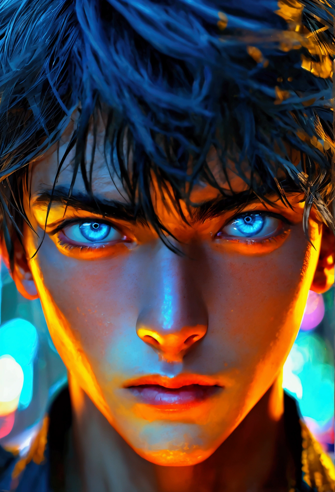 Close-up of a man&#39;s eyes、Sharp Eyes、blue eyes、Young Japanese man、close up of one eye、Dark Room、Cyberpunk、Photorealistic、2.5th Dimension、Male, around 30 years old、Images with high contrast