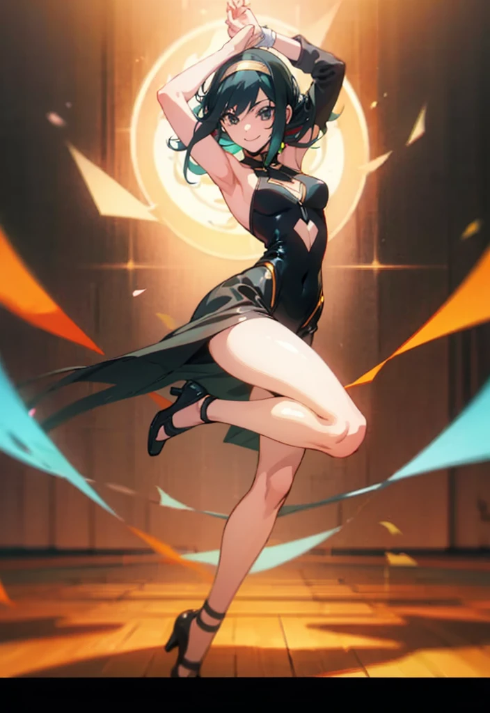 High Quality、4K.8k.. One woman、dance、Yor Forger from the anime SPYXFAMILY、Beautiful Hair、A tight, revealing black dress-style bodysuit with a plunging neckline、cute、A happy smile、Her smile is beautiful and radiant、A rich, detailed painting、Official illustrations、Shoulders, chest and thighs are exposed、Black Hair、Long sideburns、Headband、Black clothes