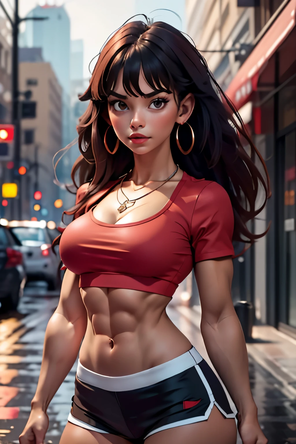 Arab woman with black blouse and red pants, olhos amarelos, rabo de cavalo, em uma rua da cidade de Chicago, short shirt and strong abdomen, foto de corpo inteiro, roupa vermelha dourada e preta, Modelo de fitness, linda mulher, Athletic Fashion Photography, close-up de corpo inteiro, retrato de darna moderno, becomes a curvy physique, vermelho e dourado, por Natasha Tan, imagem de perfil, ouro e vermelho, araffe woman in a black top and red pants em uma rua da cidade de Chicago, a portrait por Natasha Tan, trends in cg society, arabesco, short shirt and strong abdomen, foto de corpo inteiro, roupa vermelha dourada e preta, Modelo de fitness, linda mulher, close-up de corpo inteiro, Athletic Fashion Photography, retrato de darna moderno, becomes a curvy physique, female genius, female demon, obra de arte