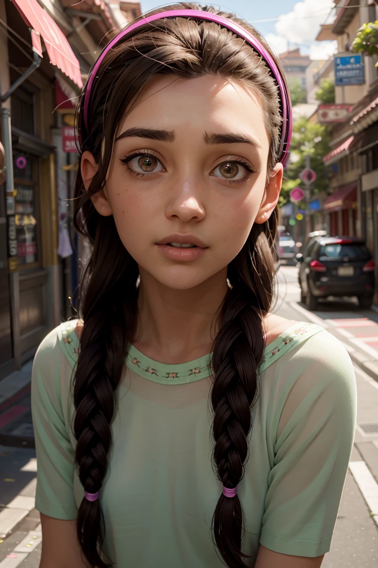 An impressive and intricate full color portrait, Ultra-HD a  girl, brown hair with 2 braids, brown eyes, pink headband, detailed face, dressed in a light green t-shirt with embroidery on the neck, no logos, epic character composition, alessio albi, nina masic, sharp focus, natural lighting, subsurface dispersion, f2, 35mm,,