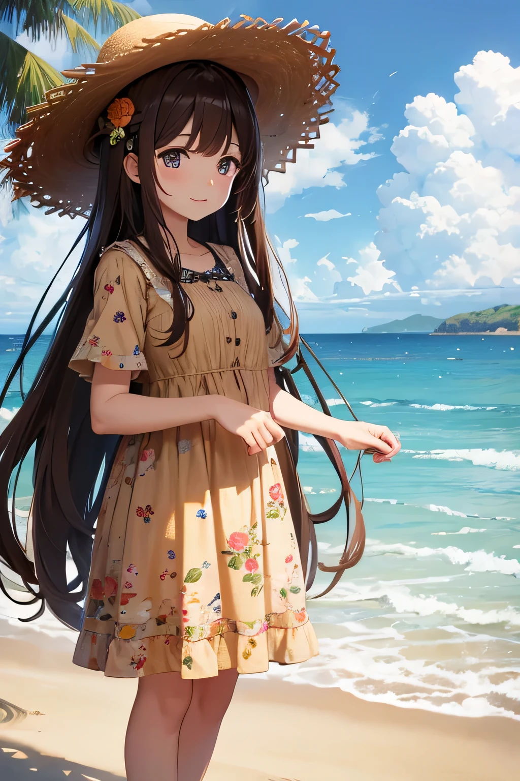 Anime girl with long hair and hat on the beach - SeaArt AI