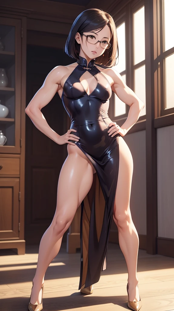 Latex girl lustful smirking smile red blush red cheeks, chain leash, hands behind the head, kneeling, shackles, leather black collar slave, 2 high ponytails