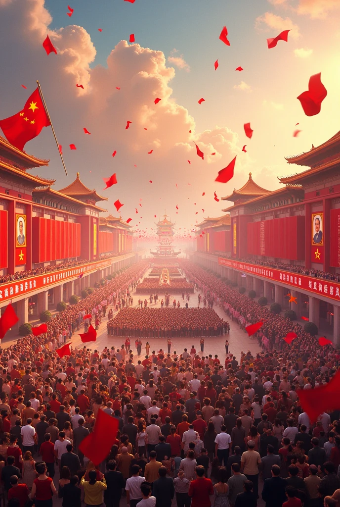 ((Scene of Tiananmen Square in Beijing, China))，Chinese people celebrate National Day，beijing，Tiananmen，crowd of，Flag-raising ceremony，旭日初升，The big sun is in the sky，cloudless sky，White clouds，fundo vermelho，(A complete painting），（Extremely detailed picture），（light and shadow effect），（Movie lighting），（cinema4d），（Light particle tracing），（rendering by octane），（Layered artistic effects），（Best Painting），（Master painting），（8K分辨率），photorealestic，1.4 realism，Colorful colorful，Bright colors，first person perspective，Perspectiva subjetiva