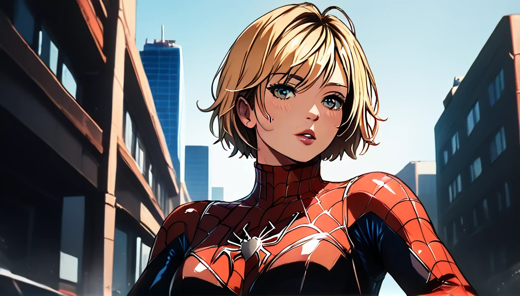 score_9,score_8_up,score_7_up,score_6_up,score_5_up,score_4_up, solo, 1girl, heather_mason, blonde hair, short hair, wearing spiderman suit ,spiderman logo, new york city, (hyperdetailed, highest detailed:1.2), high resolution textures, (beautifull  girl:1.5), (perfect ilumination:1.5)