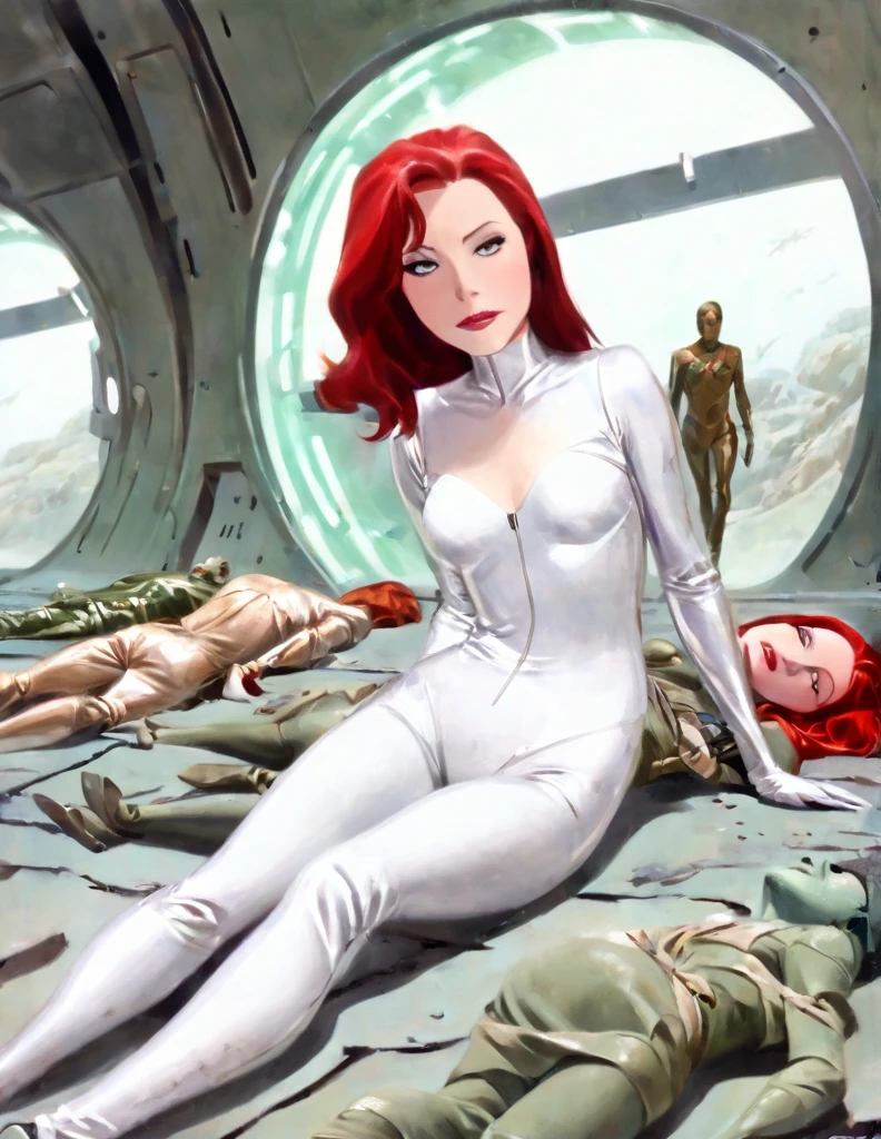 Pale Middle aged red haired Woman wearing a silver sci-fi body suit. She has a calm dead pan expression. She is walking in a scifi space ship. A  small window with a view of space is behind the woman in the background. There are withered brown decaying corpses both male and female laying on the where tattered green body suits. The  woman is walking around the (2-3) corpses that are laying on the ground.