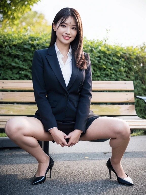 Best Quality, masterpiece, Realistic, High resolution, [8K RAW Photos,Alone, 1 person, Medium length hair、Sitting on a bench、Slim figure、Spread your legs wide、face away、Grin,High heels、skirt、((Midnight:1.5))、Shooting with flash、Company uniform