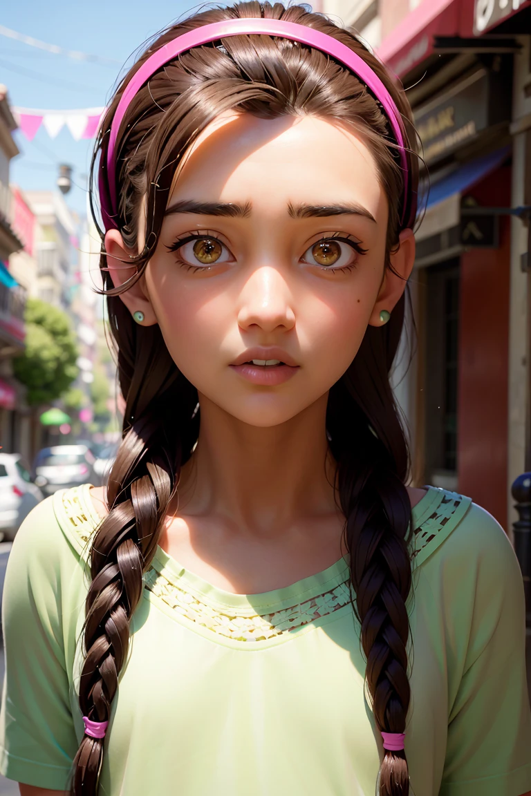 An impressive and intricate full color portrait, Ultra-HD a  girl, brown hair with 2 braids, brown eyes, pink headband, detailed face, dressed in a light green t-shirt with embroidery on the neck, no logos, epic character composition, alessio albi, nina masic, sharp focus, natural lighting, subsurface dispersion, f2, 35mm,,