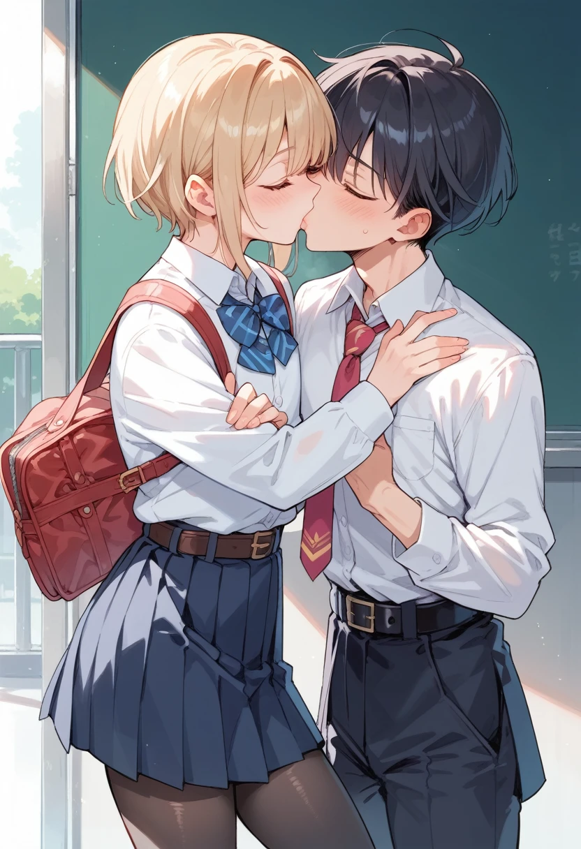 score_9, score_8_up, score_8_up, source_anime, kiss, crossdressing girl, crossdressing boy, school uniform, (high school girl, school uniform, ribbon, white shirt, jacket, skirt), (high school boy, androgynous, school uniform, tie, white shirt, jacket, pants,belt)