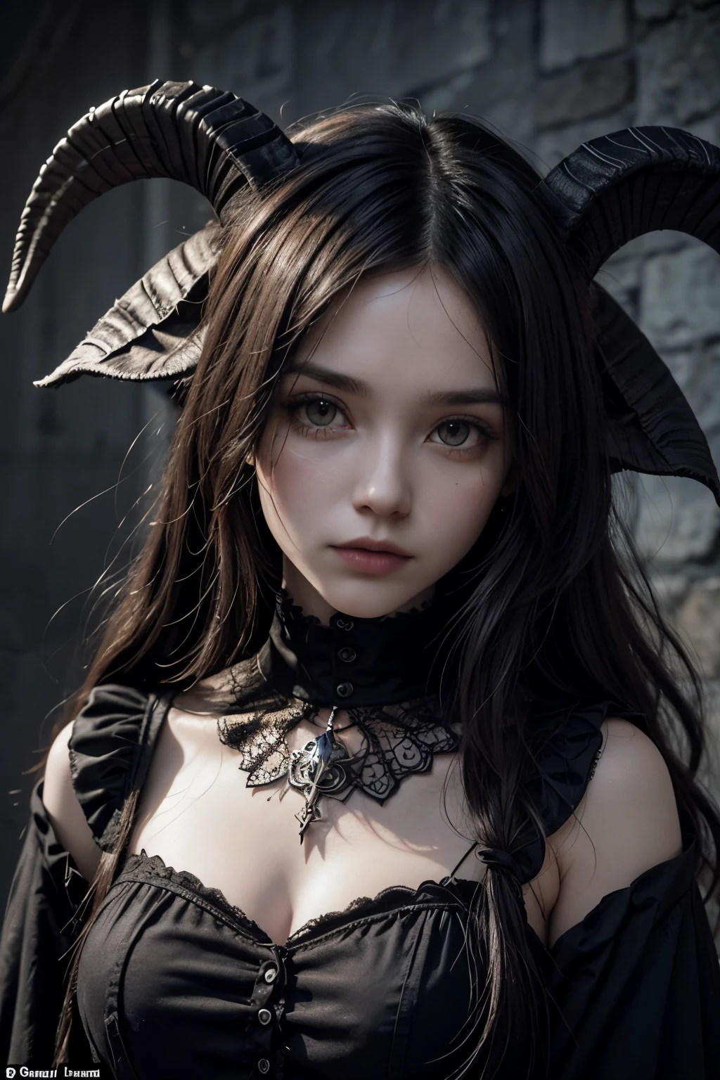 ultra-realistic detailed photograph of a medium-sized plastic doll with big eyes (doll, not human), on a garden, with several skulls, candelabra, images of black goats (baphomet). aesthetic coquette