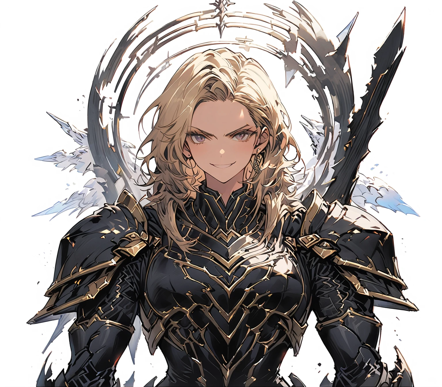 
Personality: Gentle, loyal, and protective, bodyguard of an important figure.
Setting: Luxurious mansion of a magnate, with guards at every corner.
 1 mulher, fantasia, SCI-FI, Serious Expression, muscular, (Androgynous facial features), upper body,smile,(((silver knight armor))),