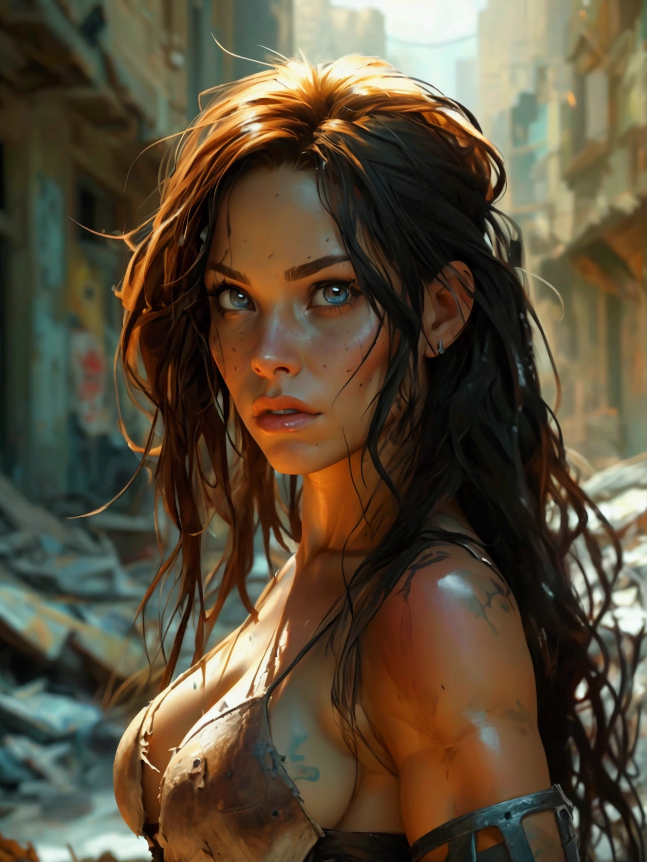 realista:1.3,( fotorrealista, 8K, Fotos CRUDAS, Calidad premium, obra maestra, epic lighting. de cerca, Imagen centrada), (primer plano),((1 18-year-old, hermoso, seguro de si mismo, well formed muscles, post apocalyptic, guerrero, Rostro y cuerpo perfectamente detallados, (primer plano), escenario lluvioso, poca iluminacion por la lluvia,ropa y cabello mojado, por la lluvia, gotas cayendo por ropa y cara, rostro y cuerpo mojados por la lluvia,iluminacion del de rayos, dynamic pose, cabello hermoso y detallado, ropa de cuero))