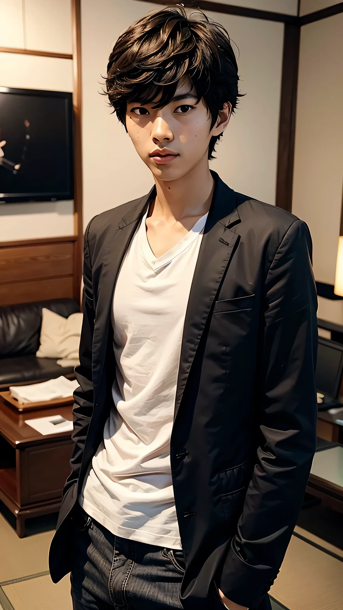 (((photo of a tall handome japanese teen in a black blazer over an untucked white t-shirt))), My hair is messy,atheletic body, Center,masterpiece, Expressive eyes,Best Quality,Dark Theme, Muted red tones, Calm colors, High contrast, (Natural skin texture, Hyperrealism, Soft Light, sharp),(((Cowboy Shot))), 50mm,High resolution, Very detailed eyes,Very detailed,Perfect Face,Perfect Eyes,body,hand,  