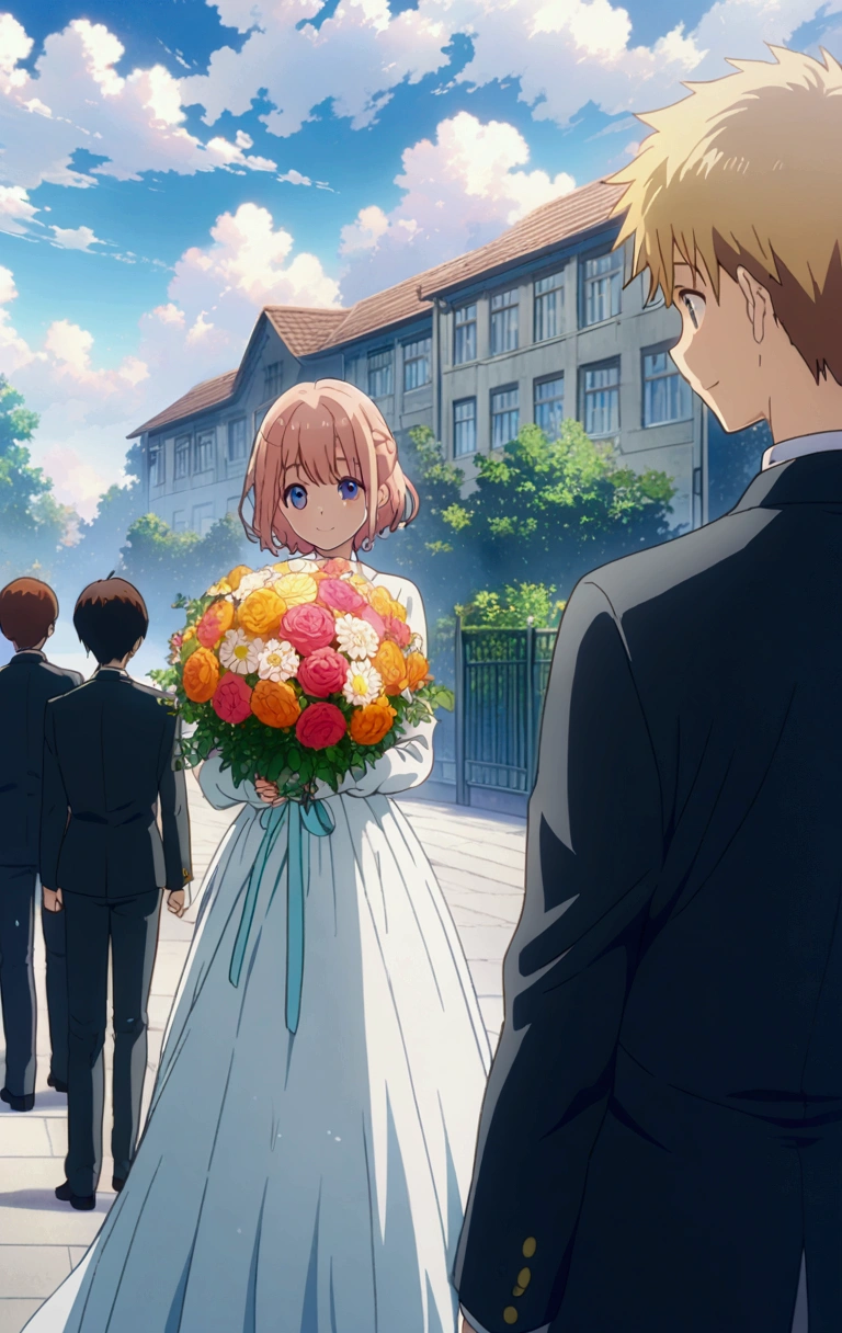 A short hair girl giving a bouquet of flowers to a tall boy. School background, girl is bowing down and arms outstretched giving a bouquet of flowers to, the boy is smiling at the girl, full body view, back facing to the camera, back view, full body view, front view, anime scene.z