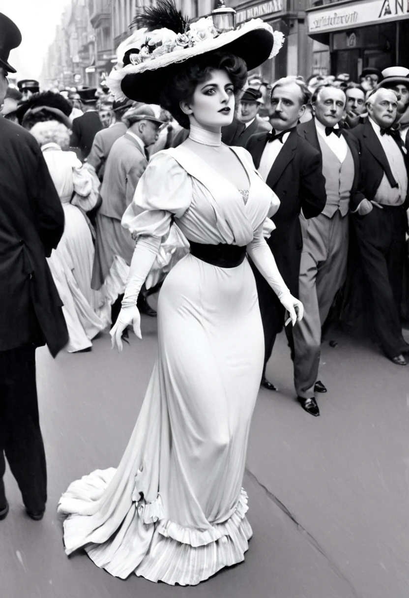 A beautiful well-endowed **** Gibson Girl coquettishly sashaying along a crowded street. Year 1903. 1900_dr3ss. Girl wearing an Edwardian dress and hat. Several elderly men ogling and smiling at her lasciviously, looking visibly aroused.