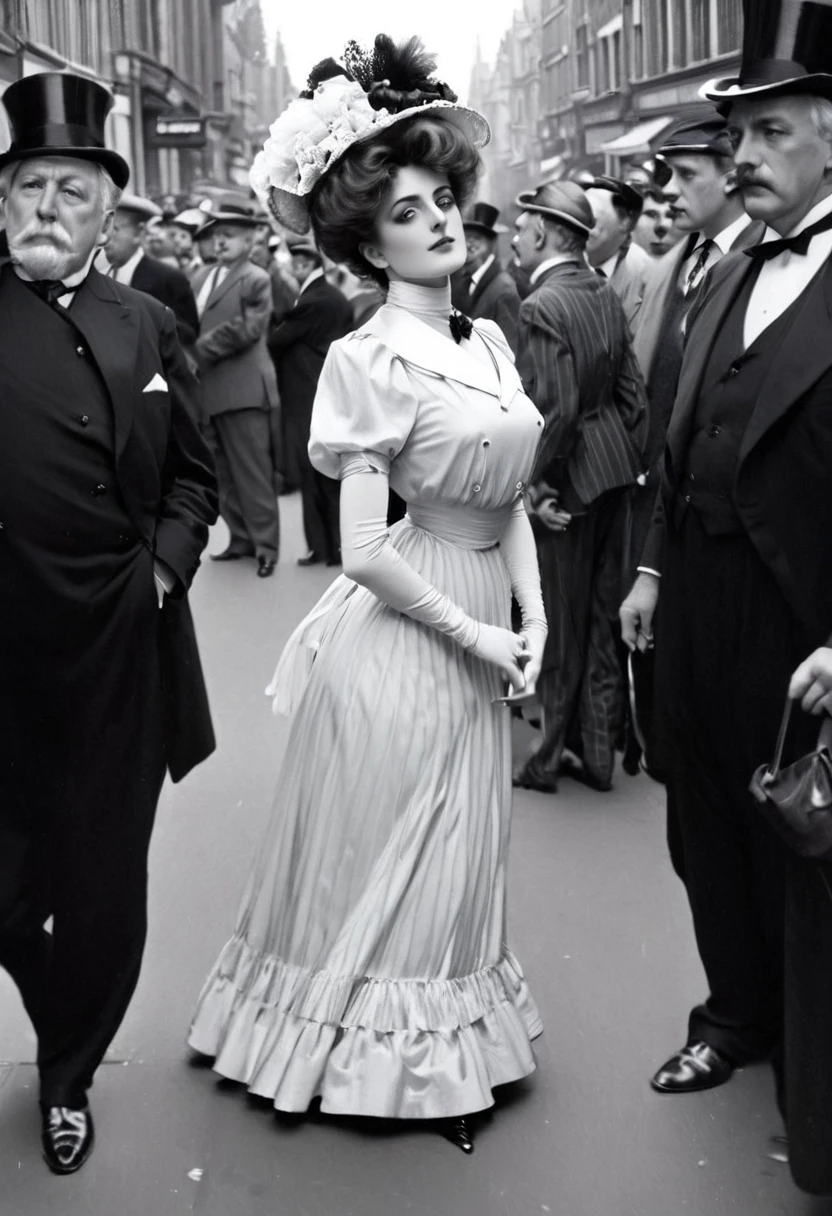 A beautiful well-endowed 13yo Gibson Girl coquettishly sashaying along a crowded street. Year 1903. 1900_dr3ss. Girl wearing an Edwardian dress and hat. Several elderly men ogling and smiling at her lasciviously, looking visibly aroused.