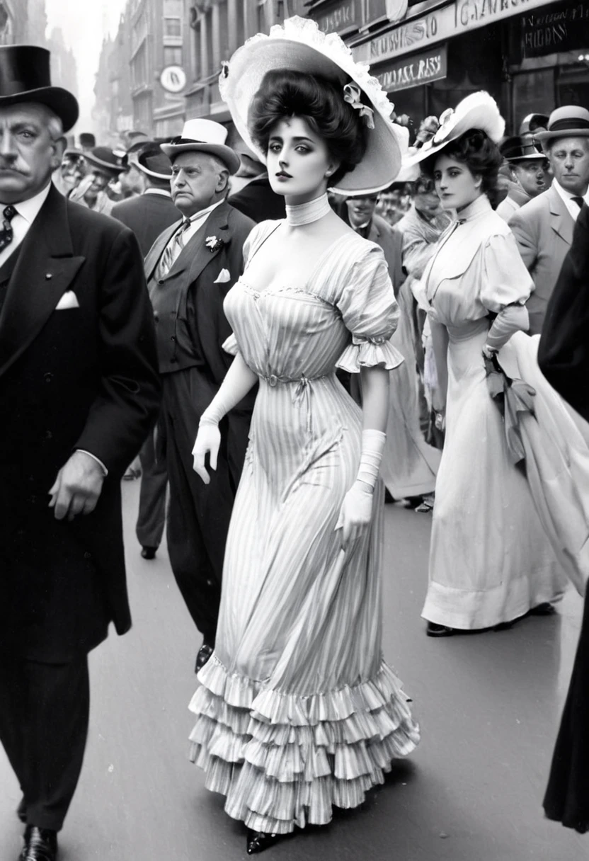 A beautiful well-endowed yo Gibson Girl coquettishly sashaying along a crowded street. Year 1903. 1900_dr3ss. Girl wearing an Edwardian dress and hat. Several elderly men ogling and smiling at her lasciviously, looking visibly aroused.