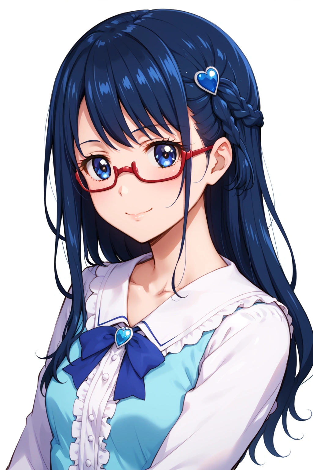 masterpiece, best quality, (1girl, solo), hishikawa rikka, hishikawa rikka (\dokidoki! precure\), dokidoki! precure, blue hair, side braid, long hair, blue eyes, 
red-framed eyewear, smile, faint lips,  dress, aqua dress, white blouse, long sleeves, blue ribbon, face forcus, simple background, white background