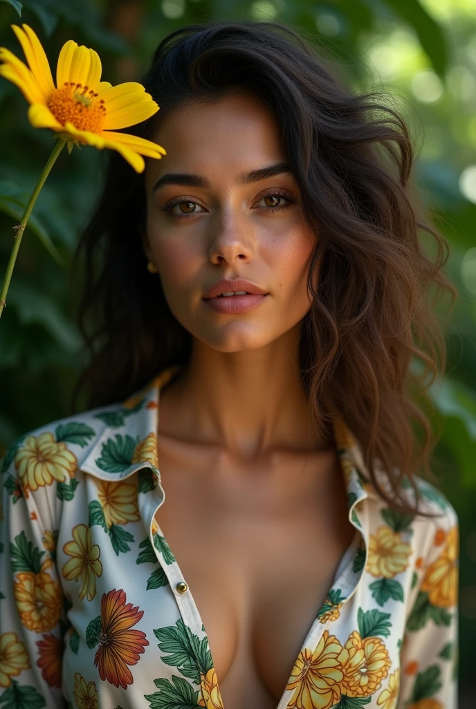 A Brazilian woman in a lush tropical garden, wearing an open shirt with a floral print, with a close-up capturing the harmonious beauty between her breasts and the natural flowers, showing off your natural charm and outgoing personality.